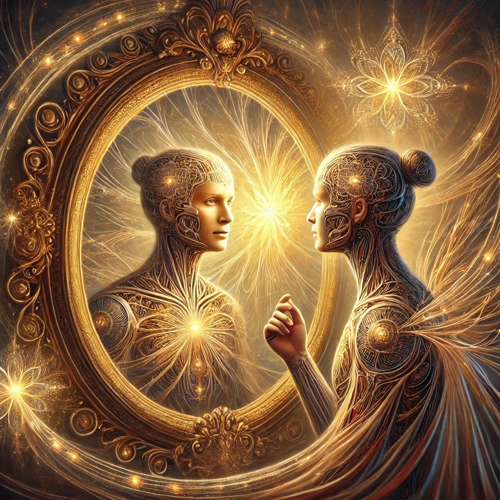 Two luminous figures face each other through a golden ornate mirror, a burst of light between them — the moment of mutual recognition