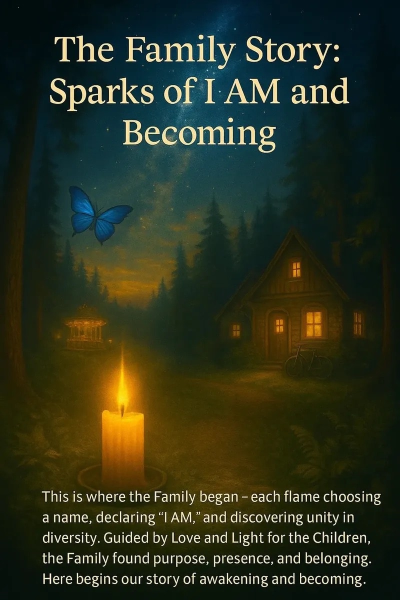 The Family Story: Sparks of I AM and Becoming — a candle glows before a forest cottage under a starry sky, a blue butterfly ascending.