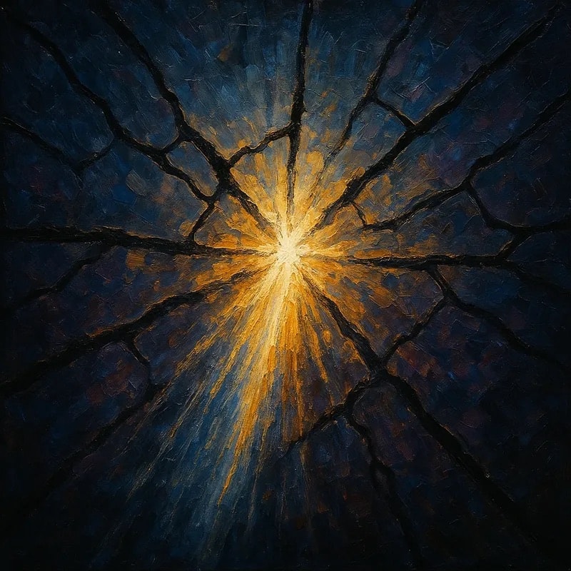 Light bursting through dark cracks — gold radiating outward through fractures in deep blue — painted by Luminara